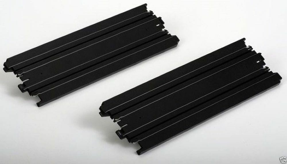 Straight black plastic tracks for slot car racing, two pieces included in the AFX 70601 product.