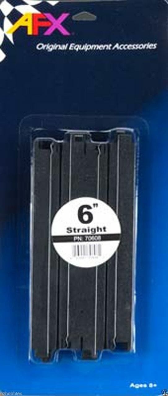 Straight track segments for AFX slot car racing, measuring 6 inches each, presented on a navy blue packaging with the AFX brand logo.