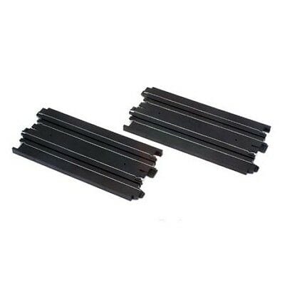Pair of black straight slot car track pieces from AFX, each measuring 6 inches in length.