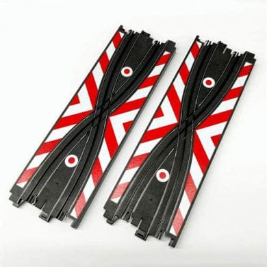 Two black and red AFX 70612 9-inch crossover slot car tracks displayed against a white background.