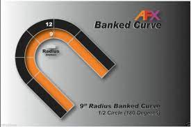 Vibrant orange and black banked curve track for slot car racing.