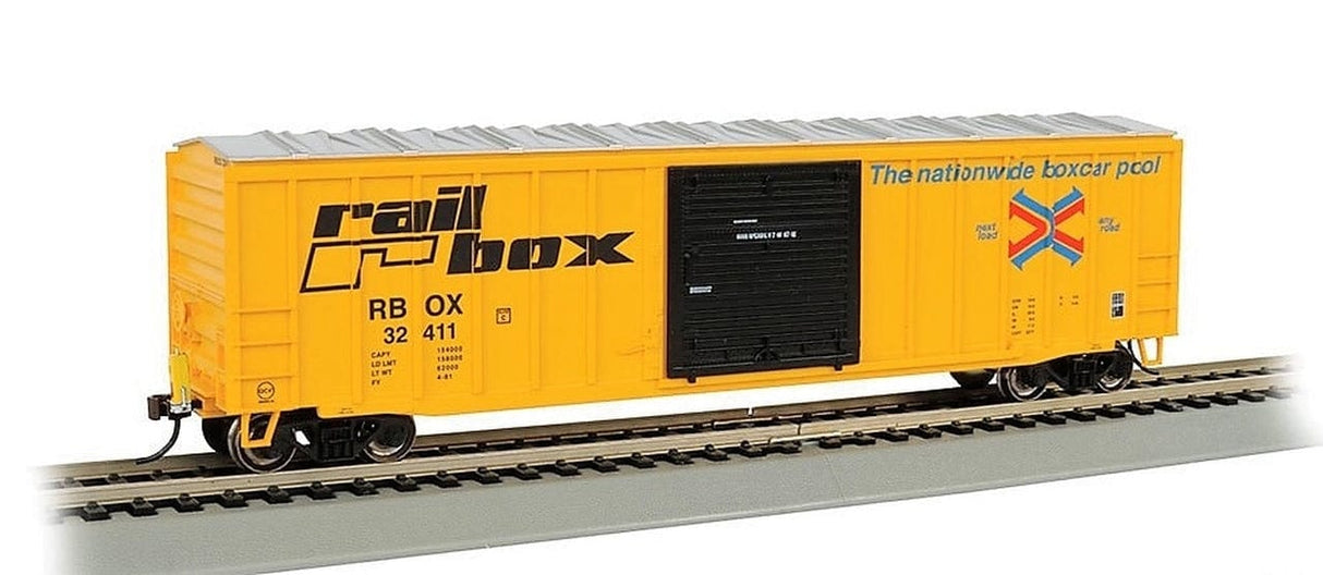 Bachmann HO ACF 50ft6in Outside-Braced Boxcar - Flashing Rear End Device - Ready to Run - Railbox #32411 (yellow, black; Large Logo) Bachmann TRAINS - HO/OO SCALE