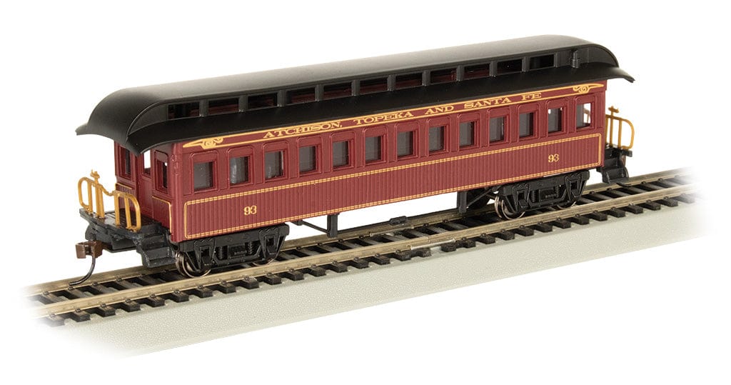 Bachmann 15104 HO Old-Time Wood Coach with Round-End Clerestory Roof - Ready to Run - Atchison, Topeka & Santa Fe #93 (Boxcar Red, black) - Hobbytech Toys