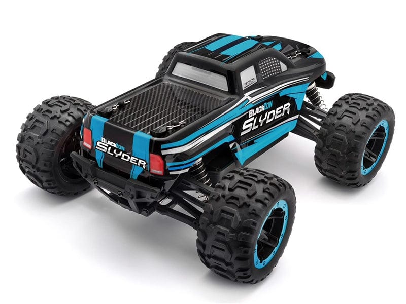 Sleek blue and black electric monster truck with large off-road tires and impressive design.