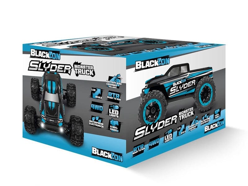 Blackzon Slyder MT 1/16 4WD Electric Monster Truck - Blue, a high-powered remote-controlled vehicle with LED lights and impressive off-road capabilities.