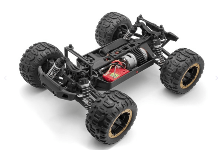 Rugged 1/16 scale electric monster truck in gold with big off-road wheels, detailed chassis, and high-performance design.