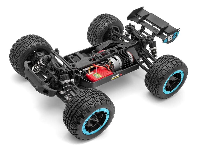 Blackzon Slyder ST 1/16 4WD electric off-road monster truck with blue accents and large all-terrain tires.