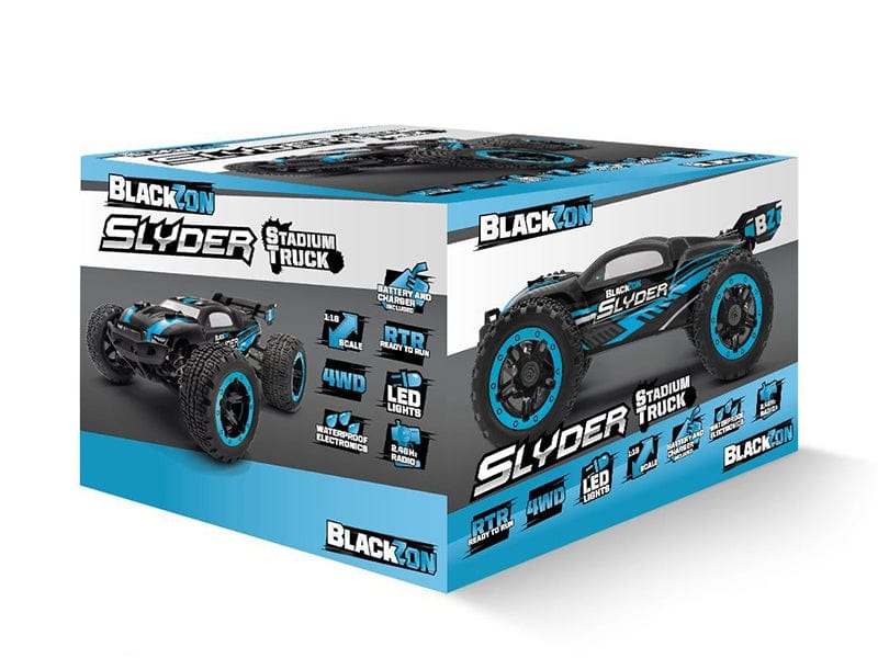 Blackzon Slyder ST 1/16 4WD electric stadium truck in blue, with detailed product information on the box.