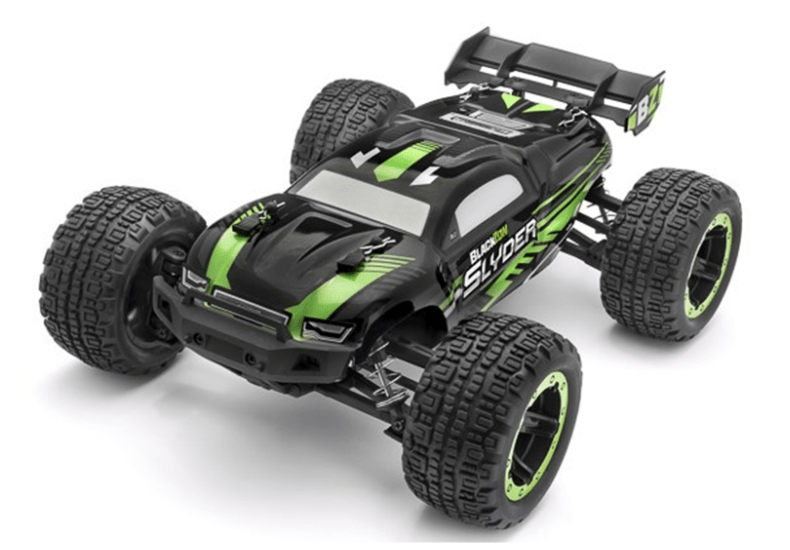 Blackzon Slyder ST 1/16 4WD Electric Stadium Truck in vibrant green, featuring off-road tires and a sleek, sporty design.