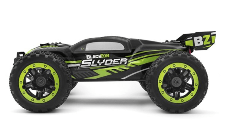 Blackzon Slyder ST 1/16 4WD electric stadium truck, green and black design with large tires for off-road racing.