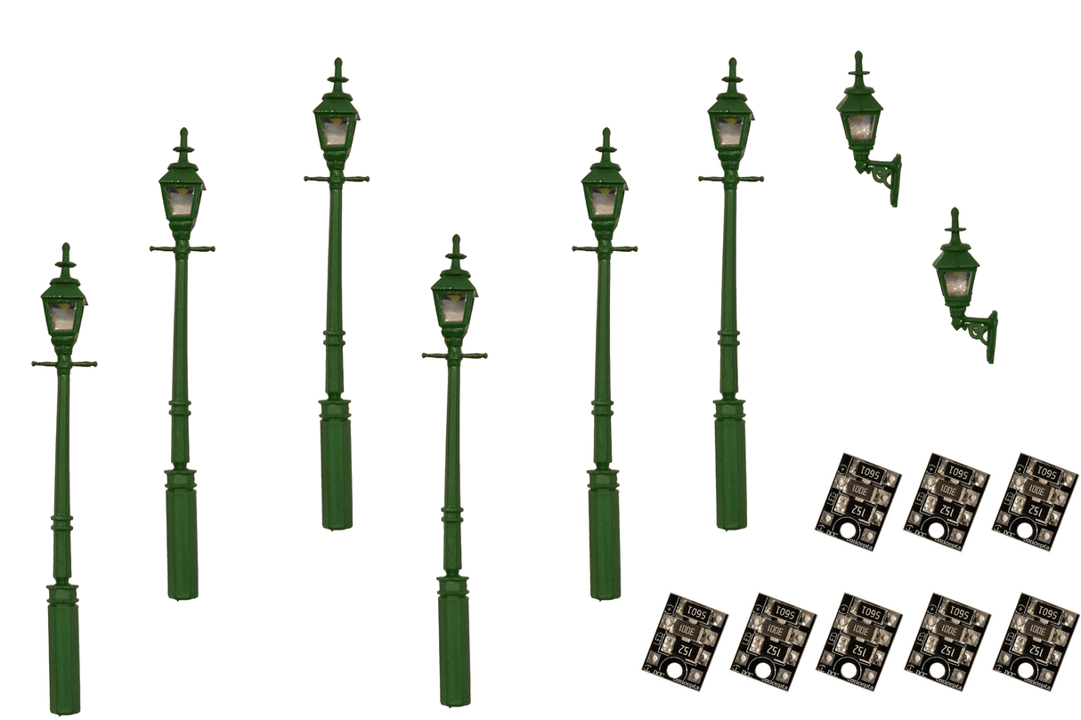 DCC Concepts 4mm Scale Gas Lamps Value Pack - Green (2x Wall Lamps, 6xStreet/Platform Lamps) - LML-VPGGR - Hobbytech Toys