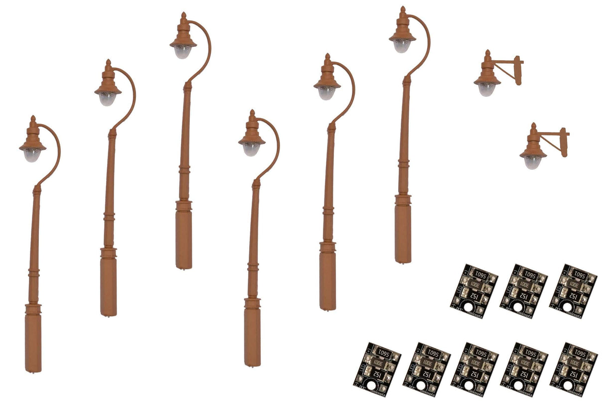 DCC Concepts 4mm Scale Swan-Neck Lamps Value Pack - Brown (2x Wall Lamps, 6x Street/Platform Lamps) - LML-VPSBN - Hobbytech Toys