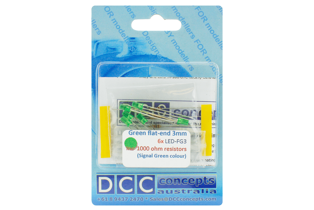 DCC Concepts Led Flat Front Type 3mm (W/Resistors) Signal Green (6) DCC Concepts TRAINS - DCC