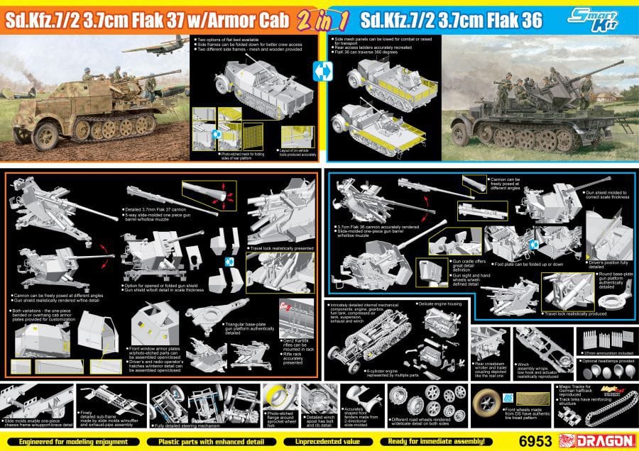 Dragon 6953 1/35 Sd.Kfz.7/2 3.7cm FlaK 37 w/Armor Cab 2 in 1 Dragon Models PLASTIC MODELS