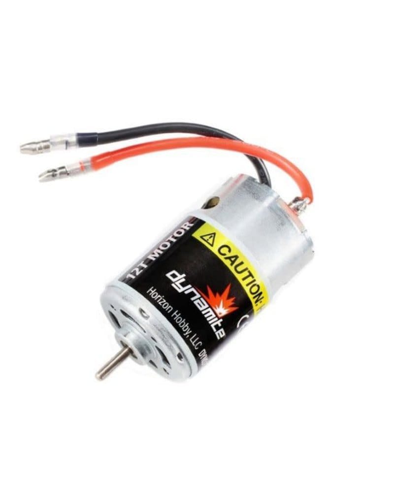 Dynamite 550 12-Turn Brushed Motor - Powerful electric motor for remote-controlled car enthusiasts, featuring red and black wires for easy connection.