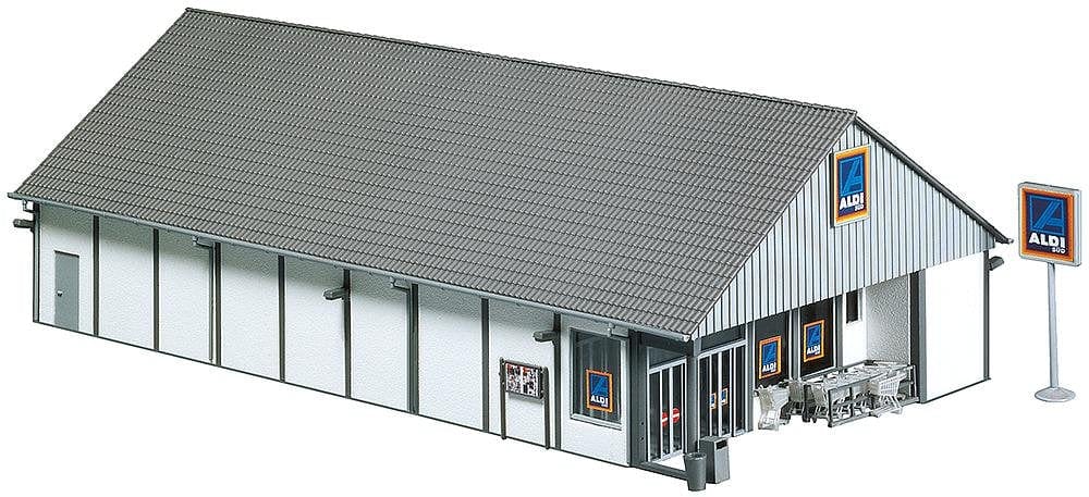 Faller HO Aldi Supermarket South/North - 10-1/2 x 7-3/16 x 3-3/8" 26.6 x 18.4 x 8.6cm - Hobbytech Toys