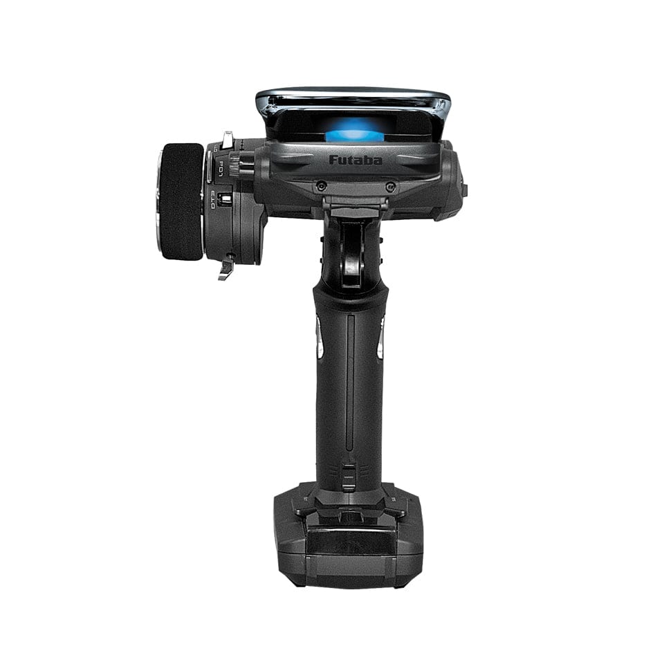 Futaba 10PXR radio transmitter with two R404SBS receivers and charger, positioned on a black stand.