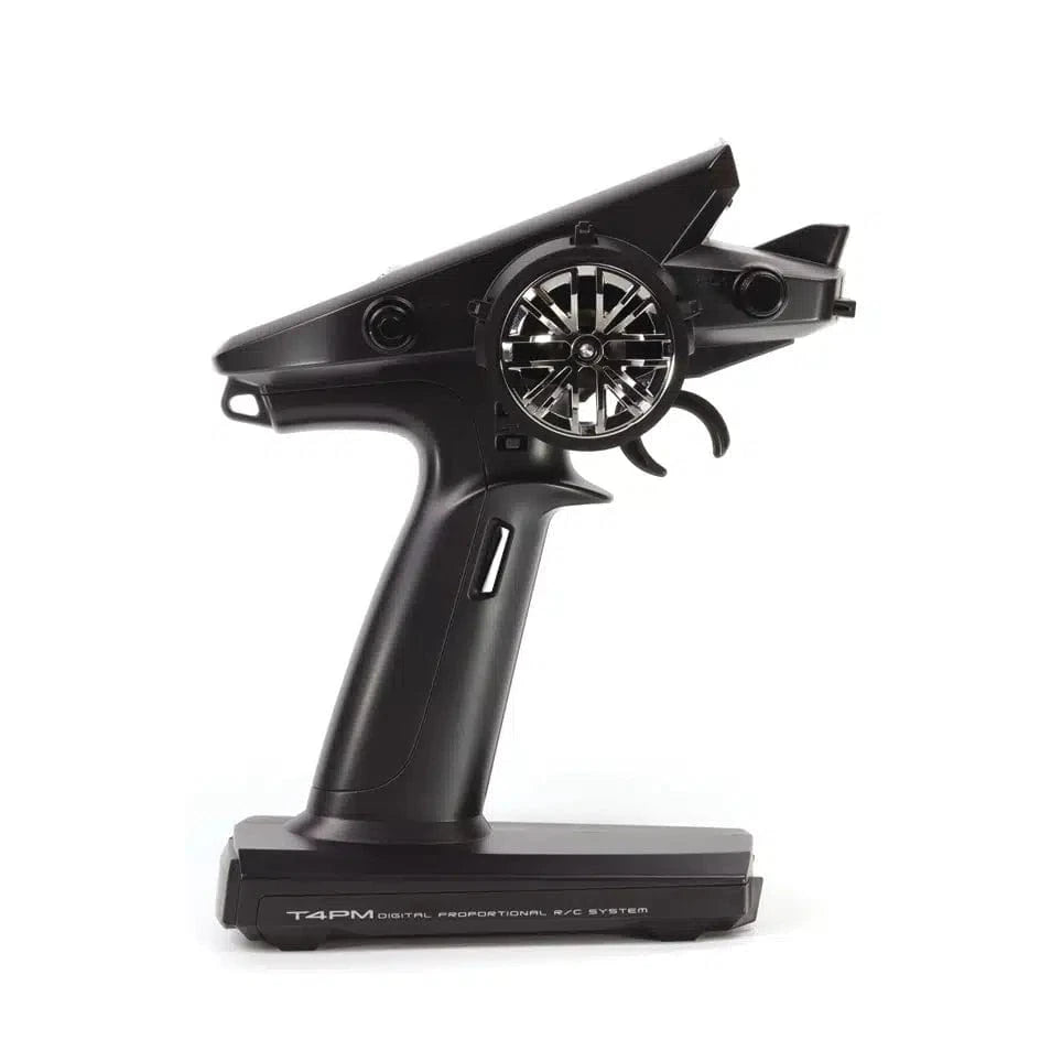 Sleek and sophisticated black 2.4GHz Futaba 4PM Plus transmitter with dual R334SBS receivers, designed for advanced radio control enthusiasts.