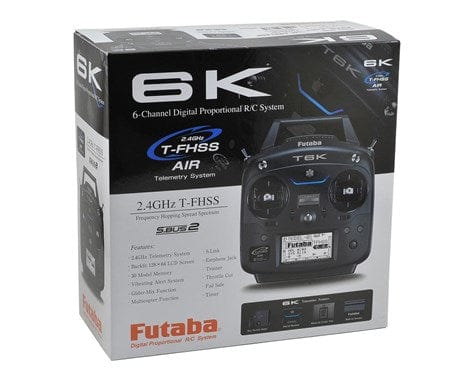 Sleek Futaba 6K FHSS transmitter with R3006SB receiver, offering advanced 6-channel digital radio control system for seamless R/C operation.