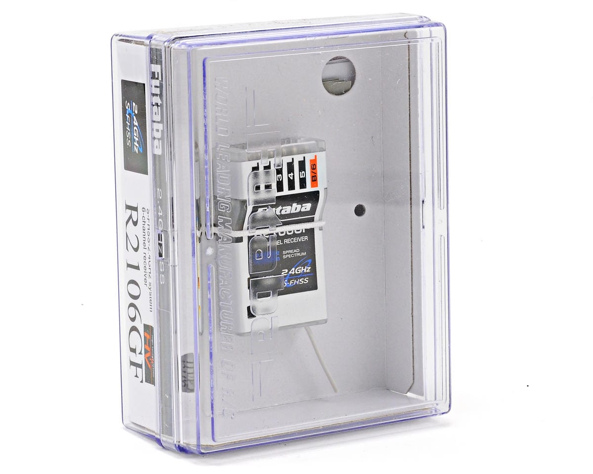 Transparent Futaba R2106GF 2.4GHz FHSS 6-Channel Micro Receiver in clear enclosure.