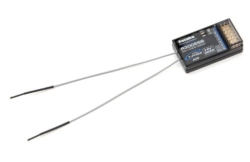 Compact Futaba R3006SB 2.4Ghz wireless receiver with multiple antennas for reliable signal transmission in RC models.