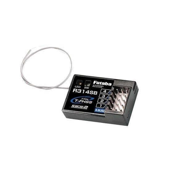 Sleek black Futaba R314SB surface receiver with multiple ports and cable, designed for radio control applications.