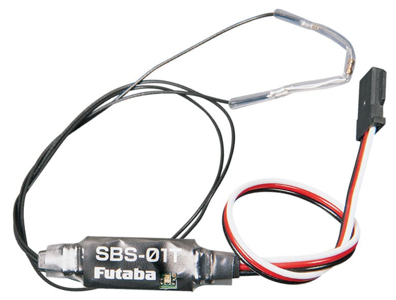 Compact Futaba S.BUS Telemetry Temperature Sensor with sleek wired design for precise monitoring of radio-controlled model temperatures.