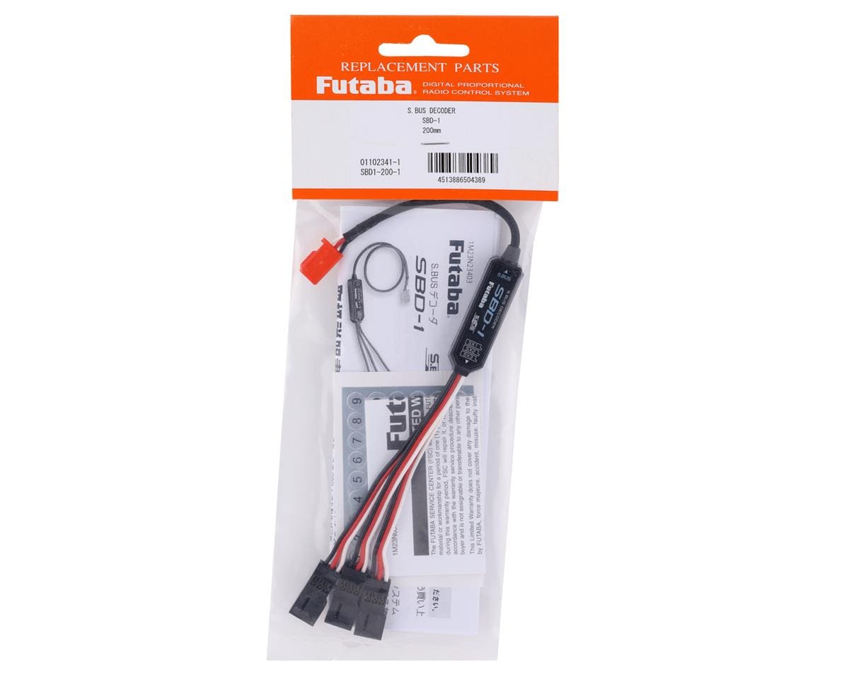 Compact Futaba SBD-1 S.Bus Decoder (200mm) for radio control gear, with connecting wires and black casing visible in the product image.