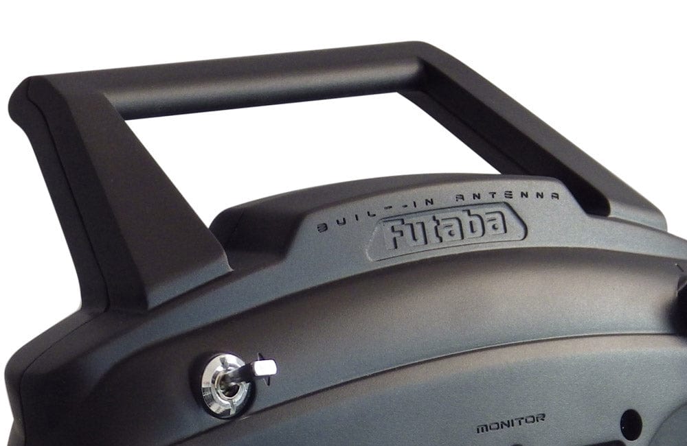 Futaba T6L 6ch Transmitter FHSS with R3106GF Mode 1 radio gear, showcased in a sleek black design with Futaba branding.