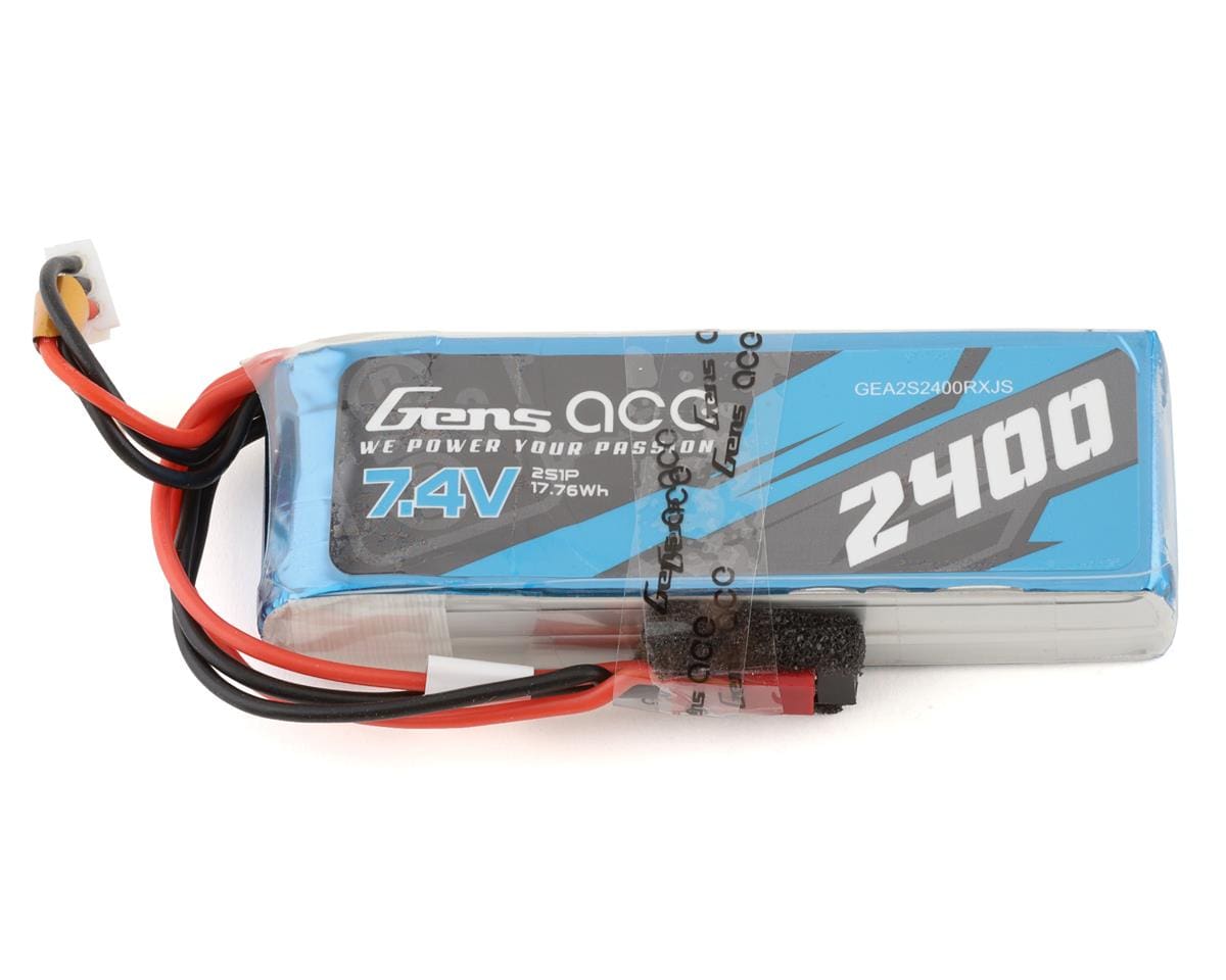Compact 7.4V 2400mAh LiPo battery with JST connector, ideal for radio control models and devices.