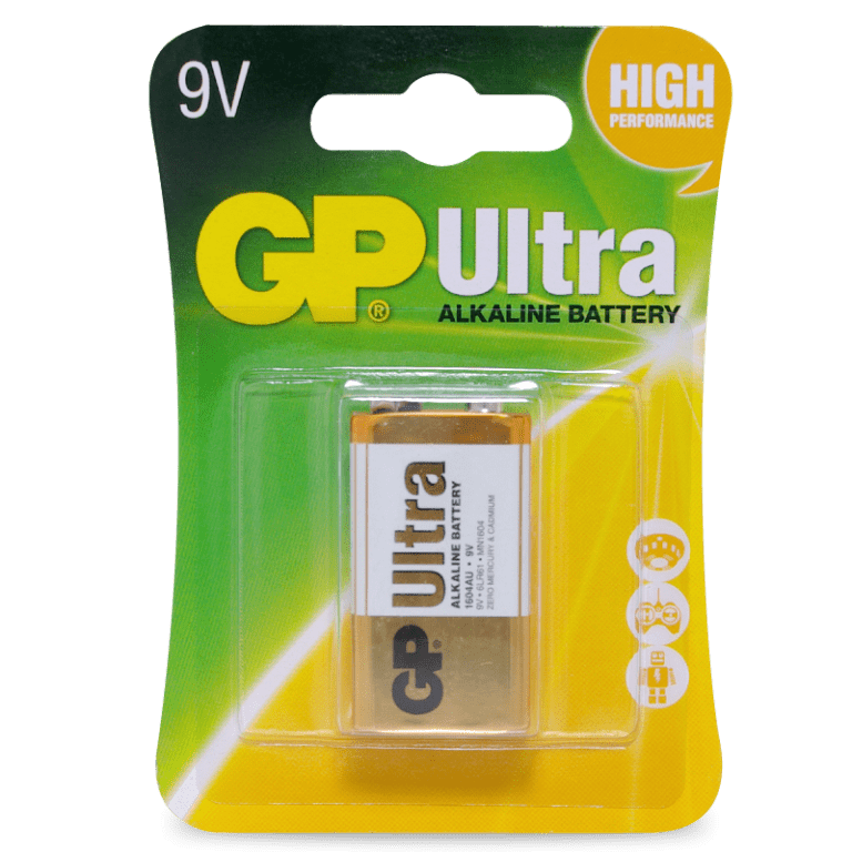 Powerful GP Ultra 9V heavy-duty alkaline battery in green and yellow packaging.