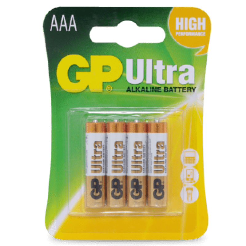 Compact pack of GP Ultra Alkaline AAA Heavy Duty Batteries, designed for reliable performance in various electronic devices.