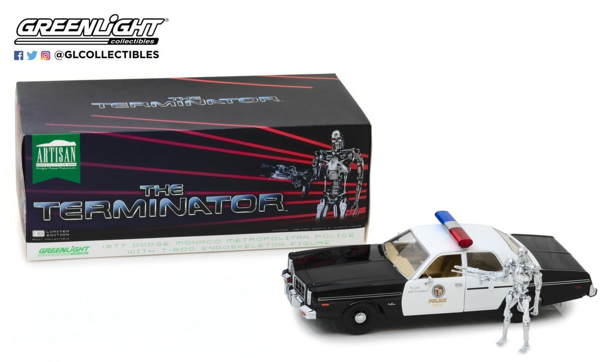Greenlight 1/18 The Terminator 1977 Dodge Monaco Metropolitan Police with T-800 Endoskeleton Figure Greenlight DIE-CAST MODELS