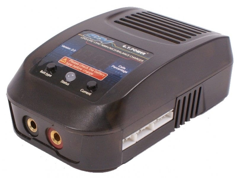 Compact AC charger for Lipo/LiFe/LiHV/NiMH/NiCd batteries by GT Power, featuring various charging modes and indicators for efficient and safe charging.