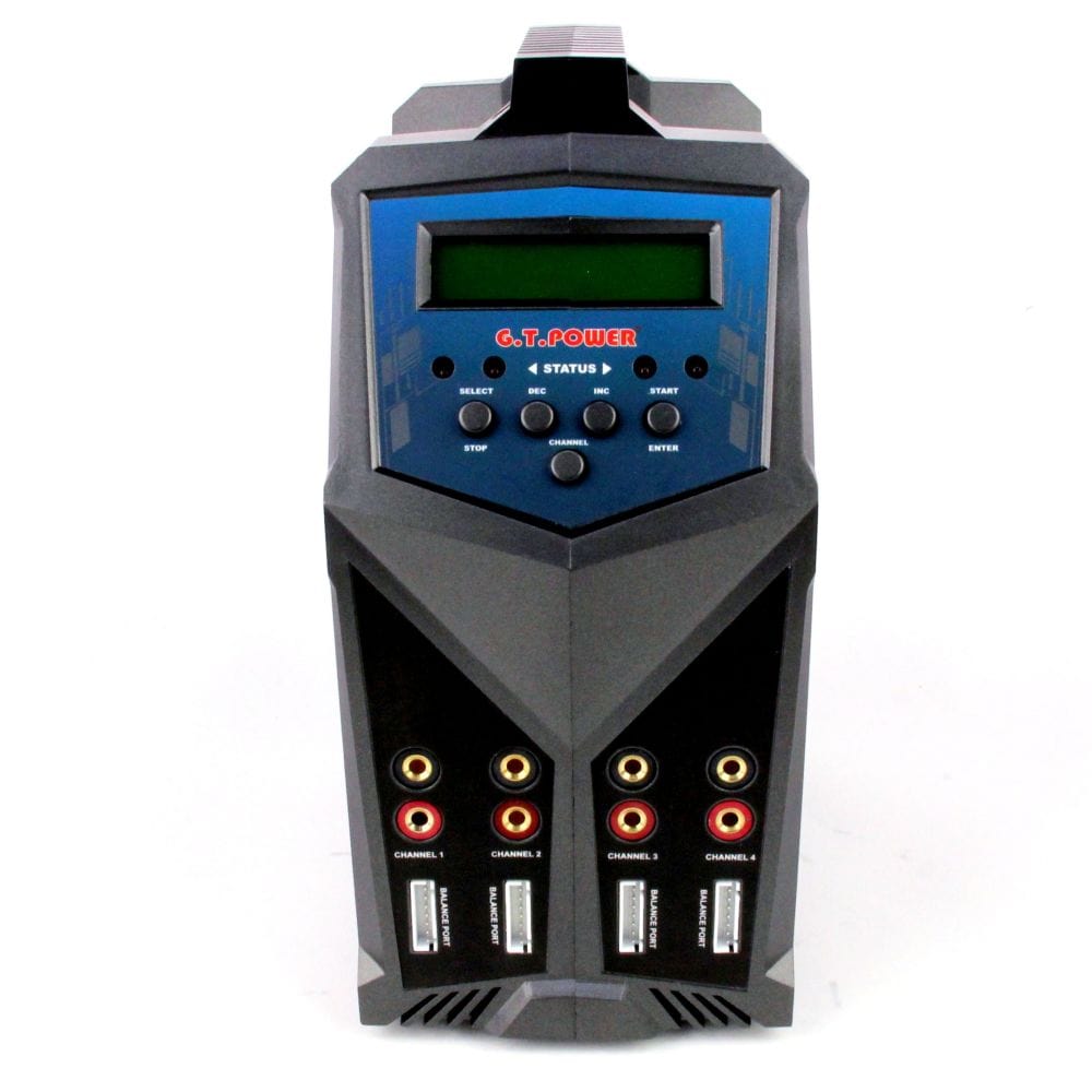 Compact multi-port charger - GT Power X4 Quattro 4 Port Charger AC/DC, featuring LCD display, multiple connectors, and black modern design.