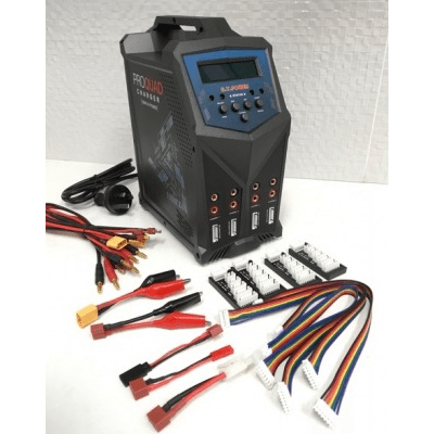 Compact 4-port charger with digital display and array of cables - the GT Power X4 Quattro, a versatile charging solution for batteries.