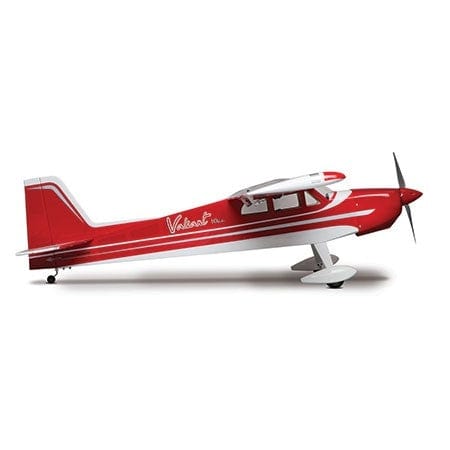 Hangar 9 Valiant 10cc RC Plane ARF - Sleek red model airplane with propeller showcased against a plain white background.