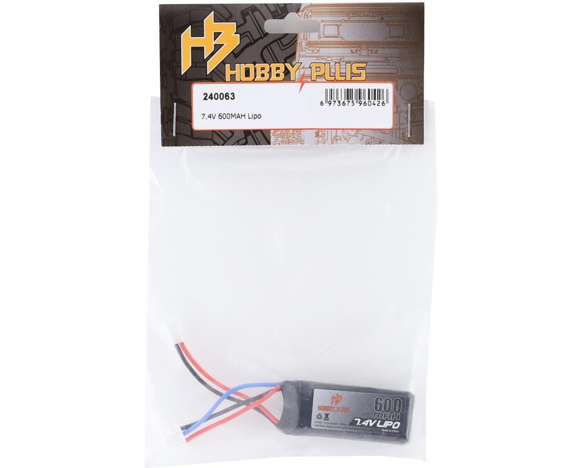 Compact 7.4V 600mAh Lipo battery pack for RC cars and models, featuring Hobby Plus branding.