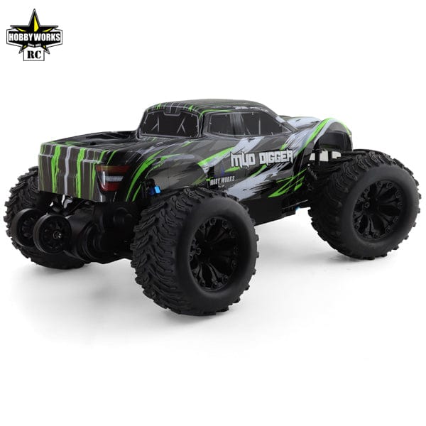 Rugged 1/10 scale Hobby Works Mud Digger V2 2WD electric monster truck in vibrant green and black color scheme.