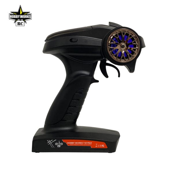 Hobby Works 1/10 Mud Digger V2 2WD Electric Monster Truck RTR Green handheld remote control device with colorful LED-lit wheels.