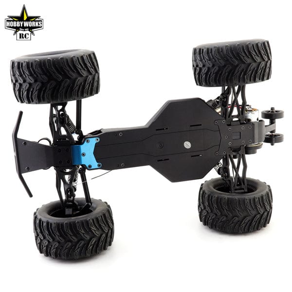 Rugged green RC monster truck from Hobby Works with large knobby tires and a powerful 2WD electric motor.