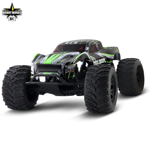 Green and black high-performance RC monster truck by Hobby Works on a plain background.