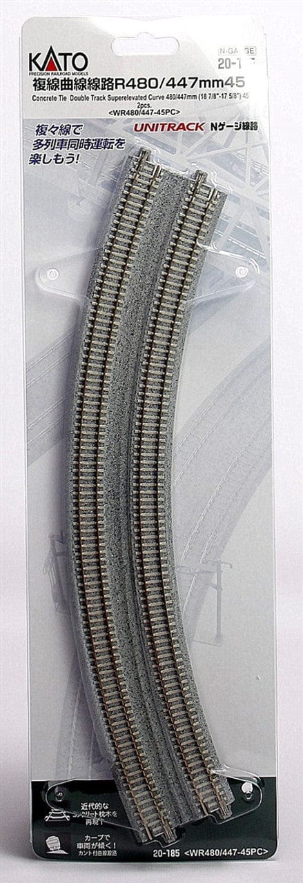 Kato N Curved Double Concrete Tie Superelevated Track - Unitrack - 18-7/8 & 17-5/8" 480 & 447mm Radius 22.5-Degree Sections pkg(2) - Hobbytech Toys