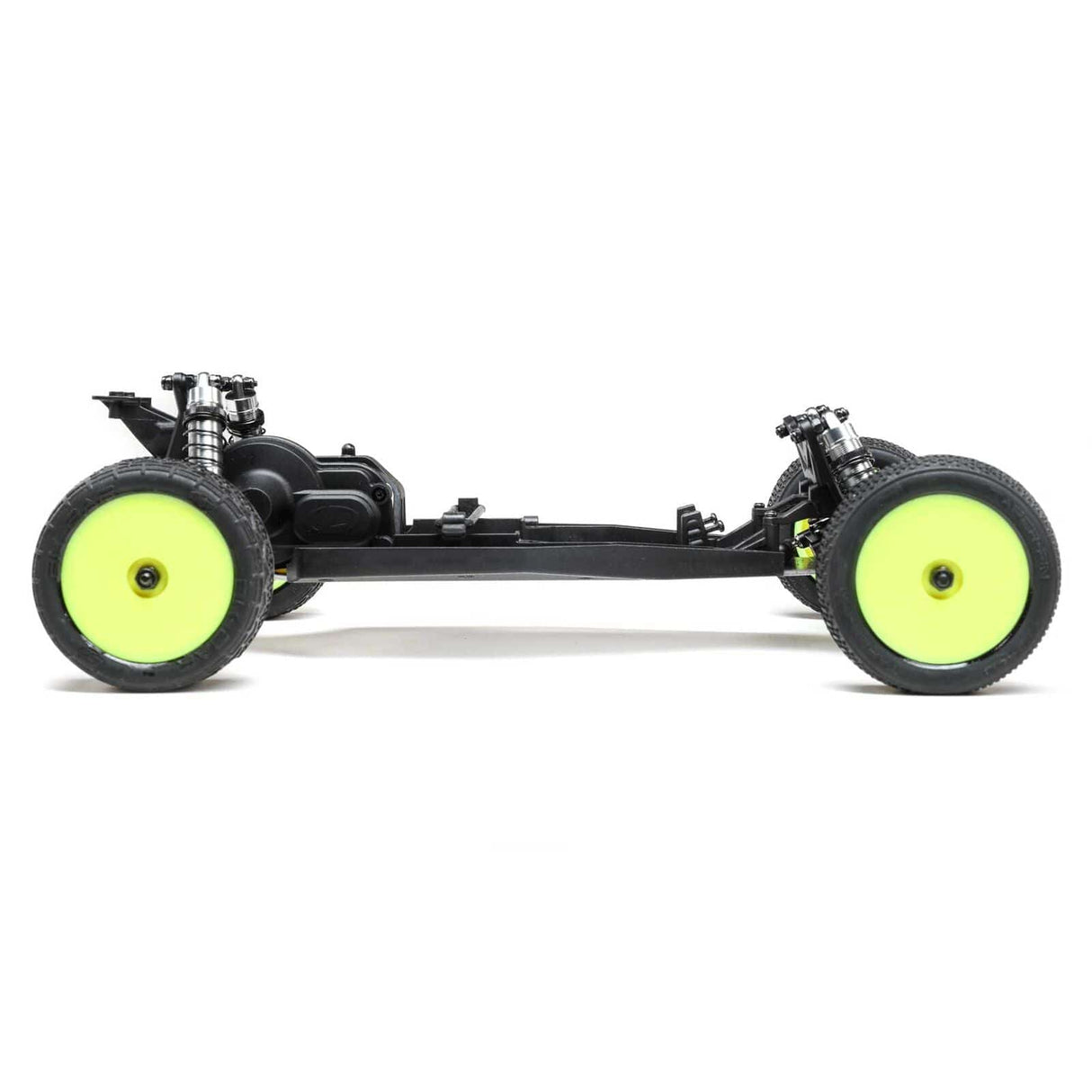 Losi Mini-B Pro 1/16 2wd Buggy with rolling chassis, featuring black body and distinctive lime green wheels.