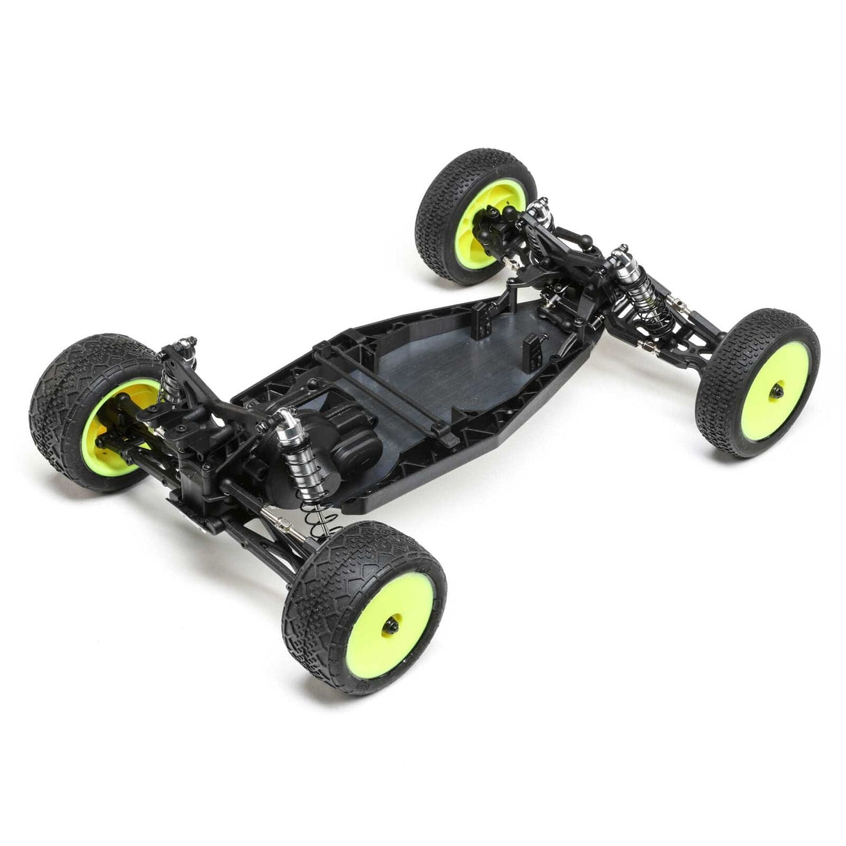 Losi 01025 Mini-B Pro 1/16 2wd Buggy, Rolling Chassis - Remote-controlled buggy with durable black and green chassis, off-road tires, and detailed suspension components.