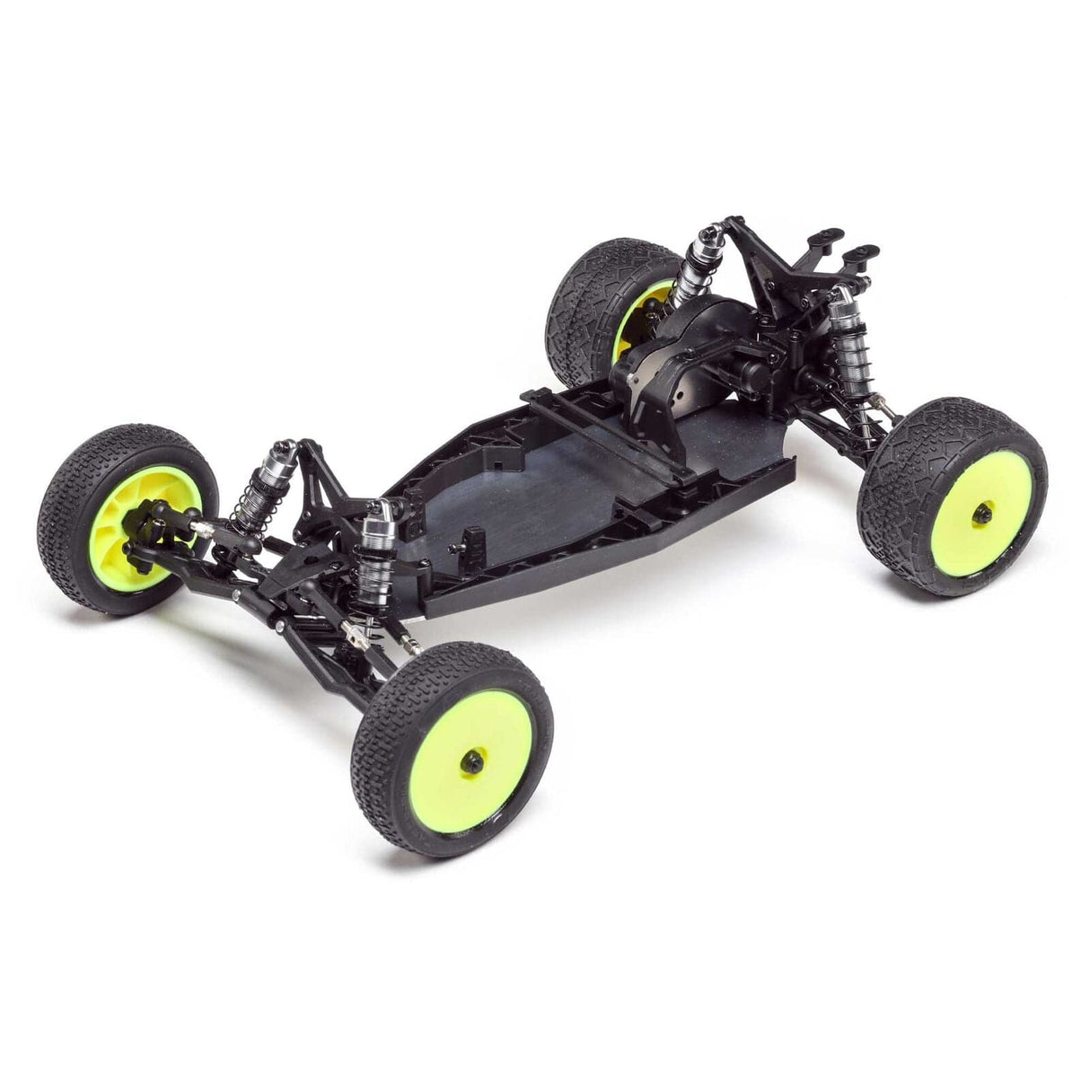 Losi 01025 Mini-B Pro 1/16 2wd Buggy, Rolling Chassis - a high-performance remote-controlled off-road buggy with sleek black and lime green design, large knobby tires, and detailed chassis structure.