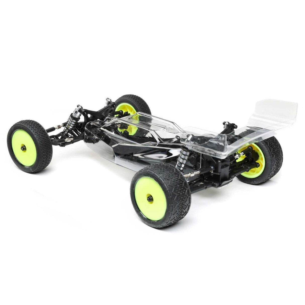 Sleek and agile RC buggy. Losi 01025 Mini-B Pro 1/16 2wd Buggy with transparent chassis, neon green wheels, and dynamic racing design.