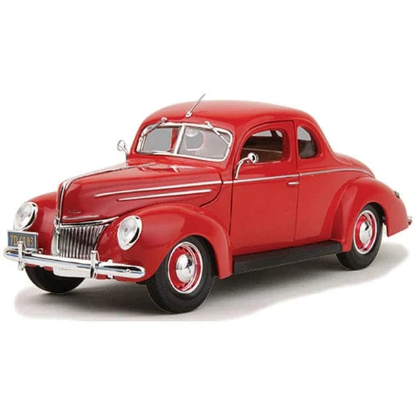 Detailed die-cast model of a 1939 Ford Deluxe Coupe in a vibrant red color, showcasing the classic American car's sleek, vintage design.
