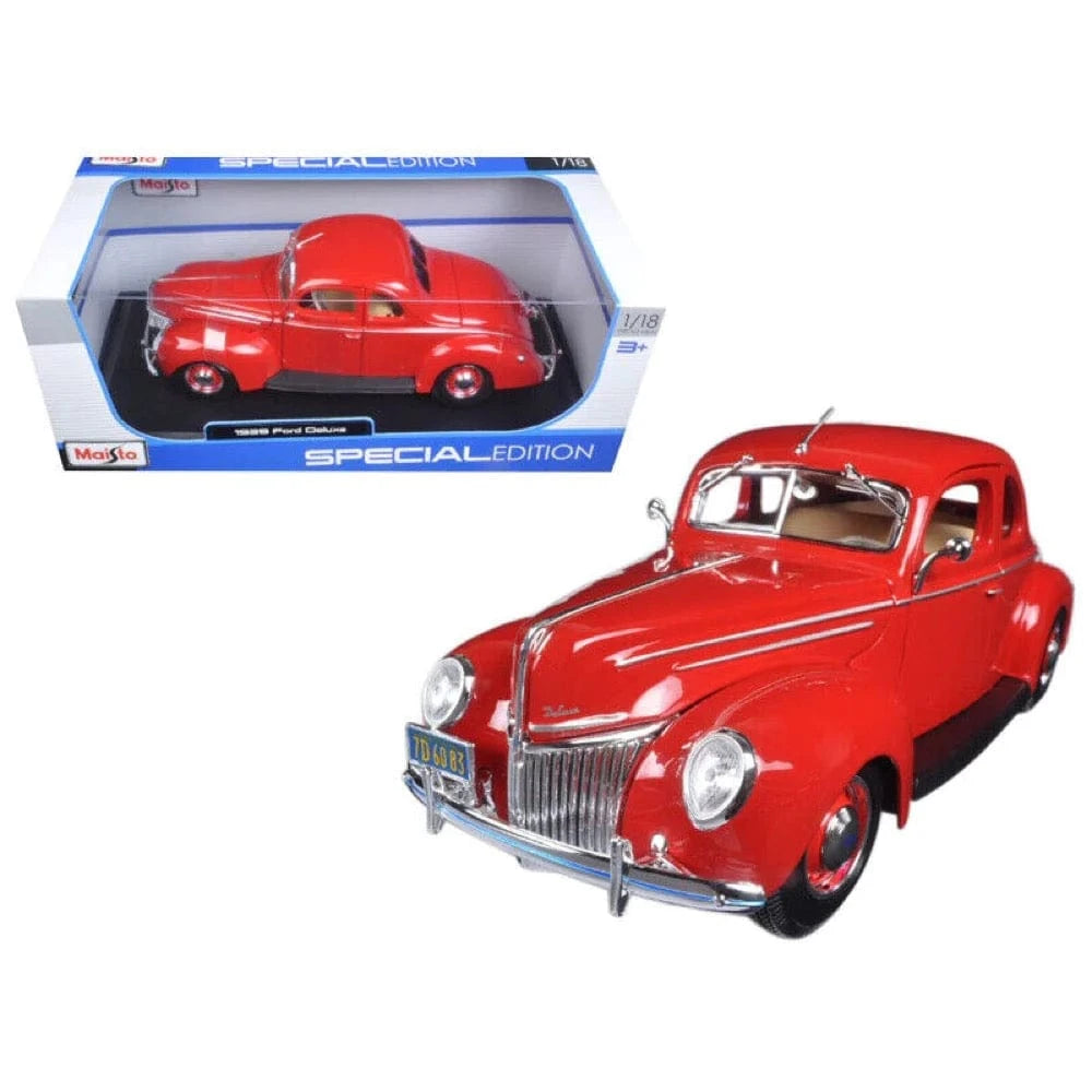 Iconic 1939 Ford Deluxe Coupe in vibrant red, showcased in a special edition diecast model by Maisto.