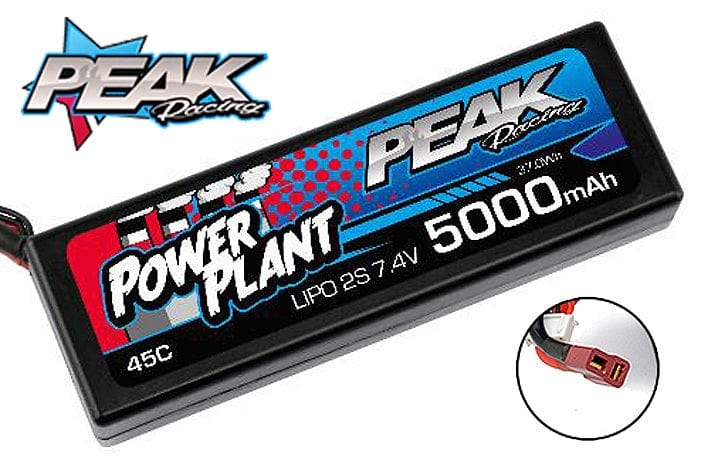 Powerful 5000mAh 2S 7.4V 45C Lipo battery by Peak Racing, featuring a durable hard case design and Deans connector for advanced RC applications.